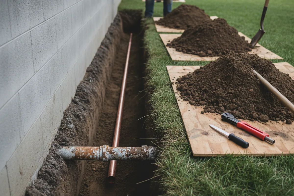 Excavated water line trench during Sewer Line Repair in Seminole